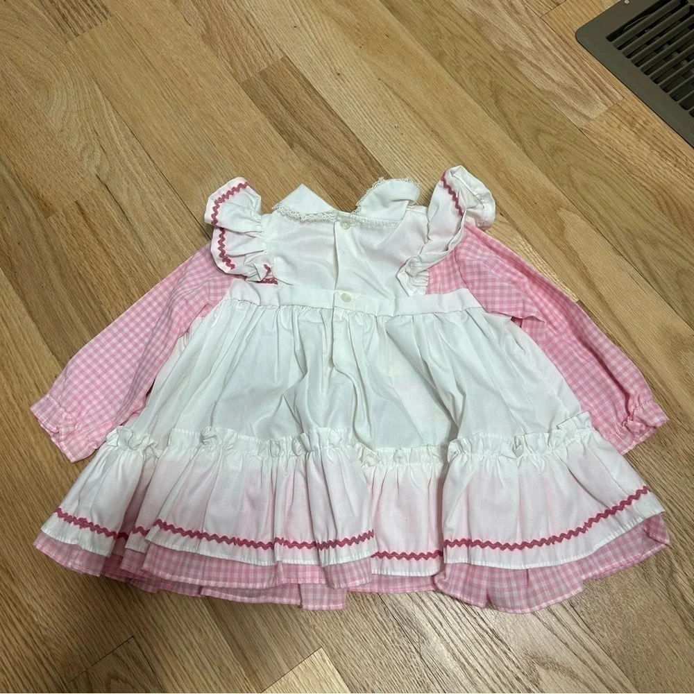 Vintage Smocked Embroidered Dress 12 mos Floral Pink Gingham Long Sleeve